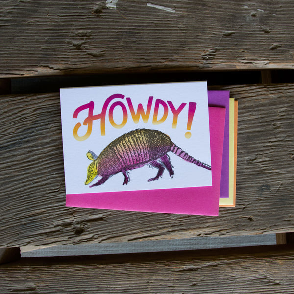 Howdy armadillo, letterpress printed hand drawn eco friendly