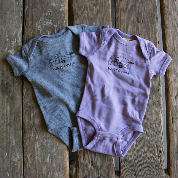 Happy camper onesie, eco-friendly waterbased inks