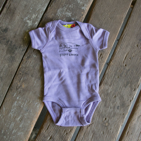 Happy camper onesie, eco-friendly waterbased inks