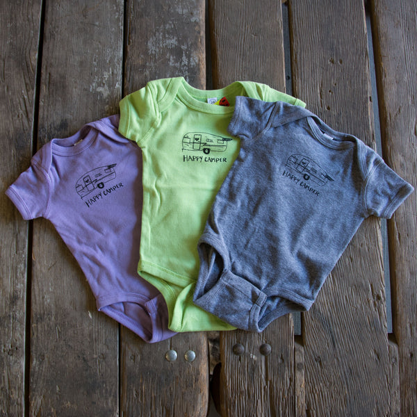 Happy camper onesie, eco-friendly waterbased inks