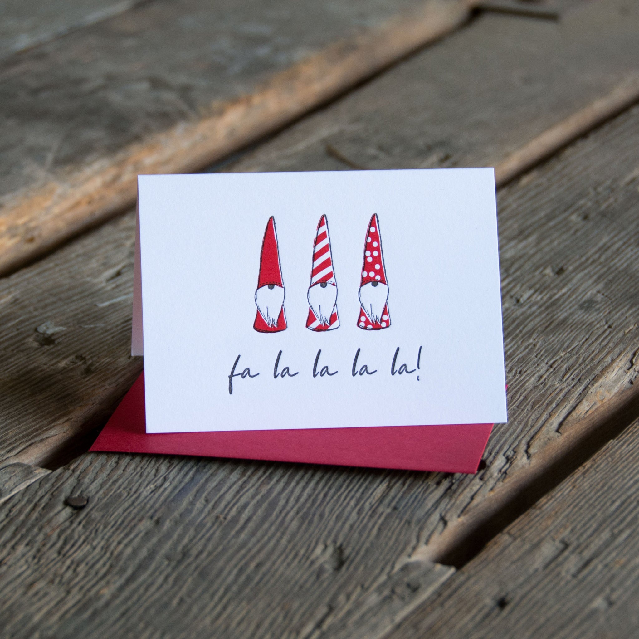 fa la la la gnomes, single card, letterpress printed, eco friendly