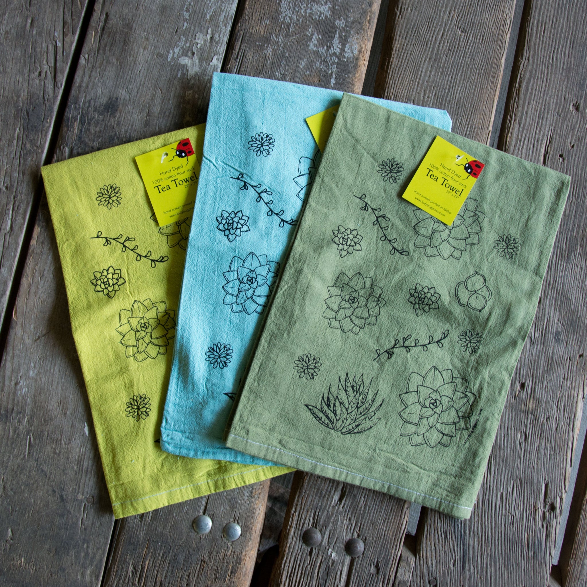Dyed Succulent Screen Printed Tea Towel, flour sack towel