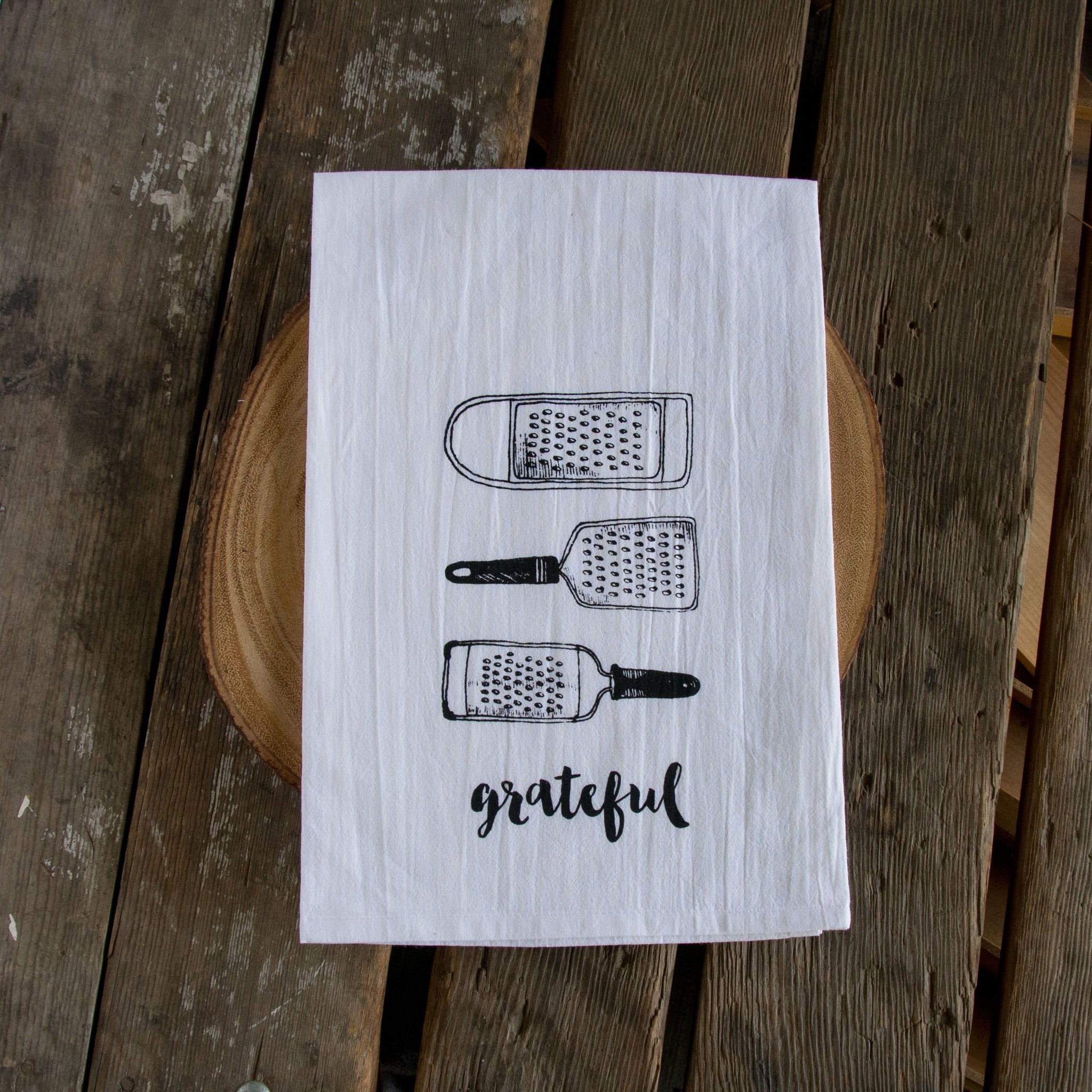 Grateful Screen Printed Tea Towel, flour sack towel vintage graters