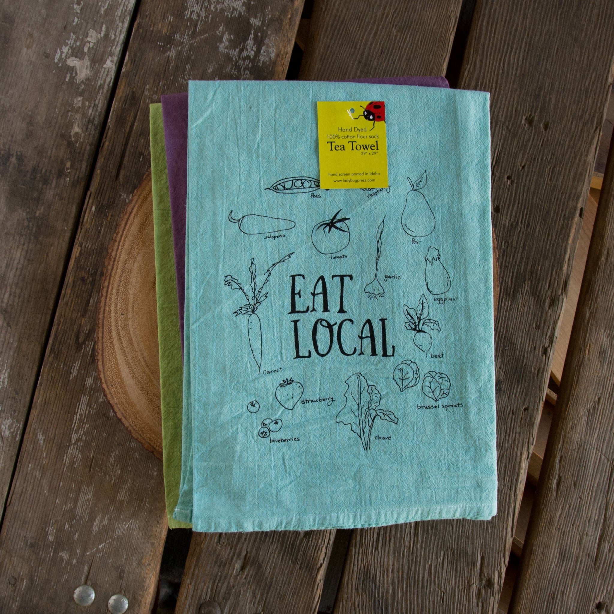 Dyed Eat Local Screen Printed Tea Towel, flour sack towel