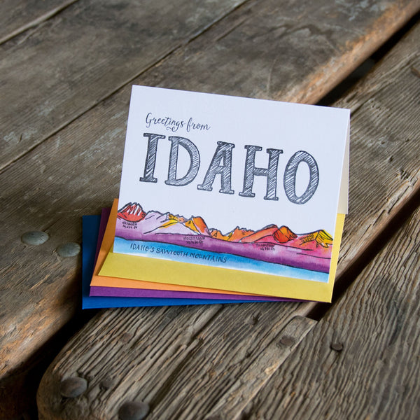 Greetings from Idaho, letterpress + watercolor card. Eco friendly