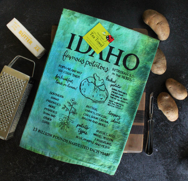 Dyed Famous Idaho Potatoes Tea Towel, Hand drawn and Screen Printed flour sack towel