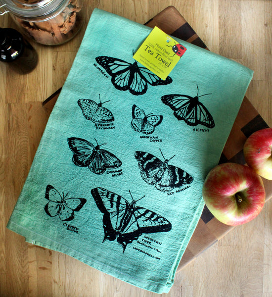 Dyed Butterfly Tea Towel, Screen Printed flour sack dish towel