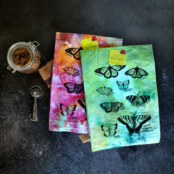 Dyed Butterfly Tea Towel, Screen Printed flour sack dish towel