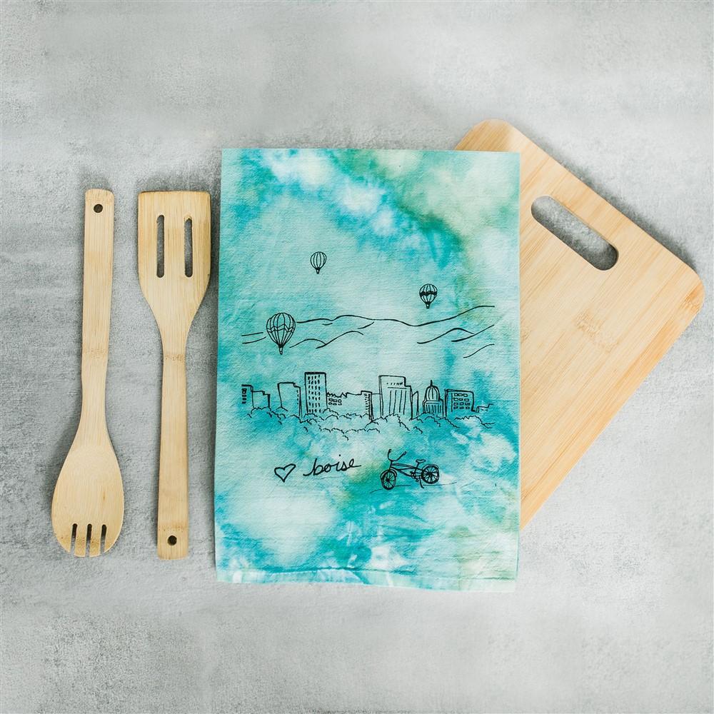 Hand-dyed Boise Balloon Screen Printed Tea Towel, flour sack towel